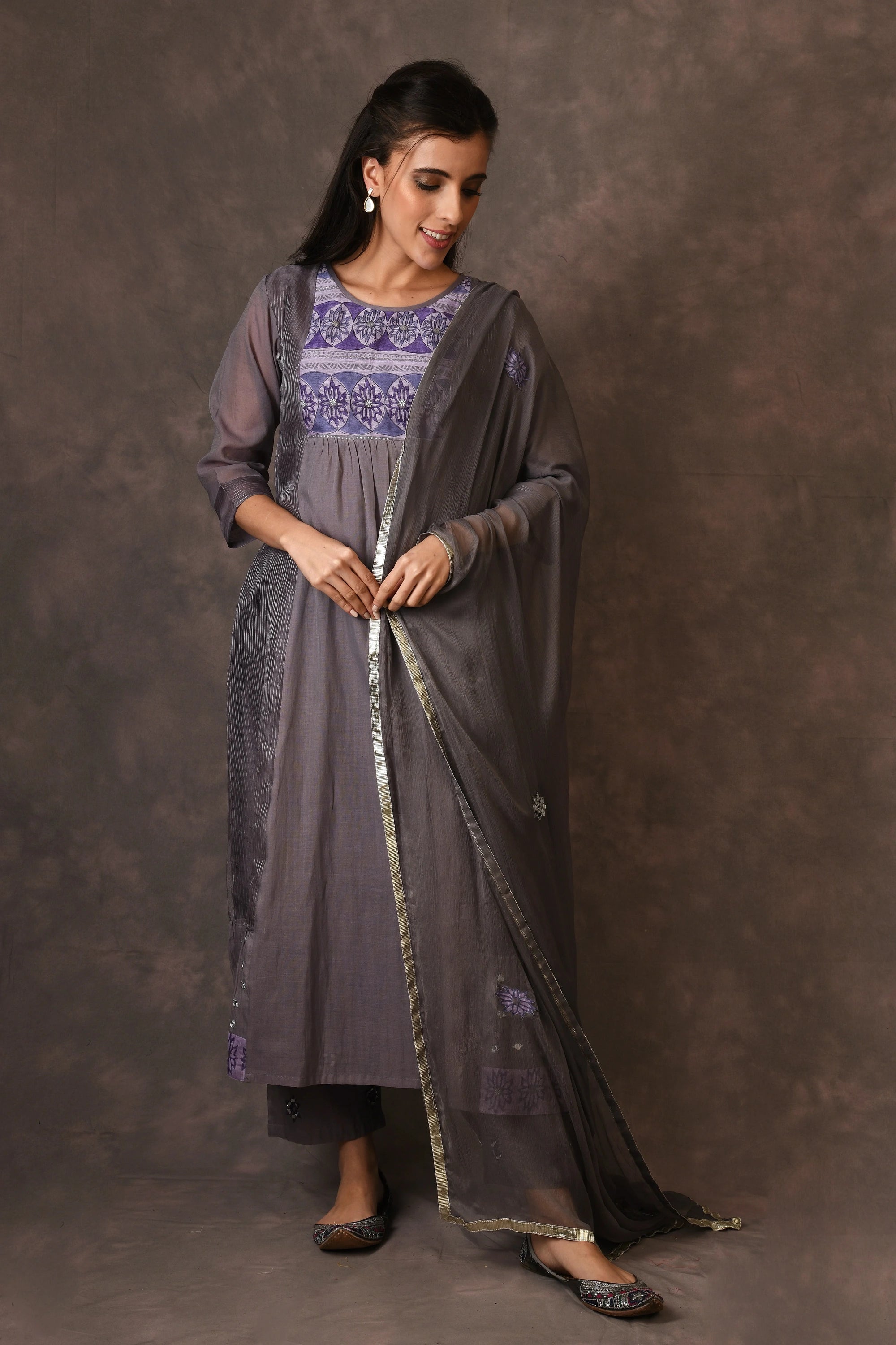 Grey And Purple Paneled Dress Kurta Set With Mirror Embroiery And Handblock Printed Sunflower Motif