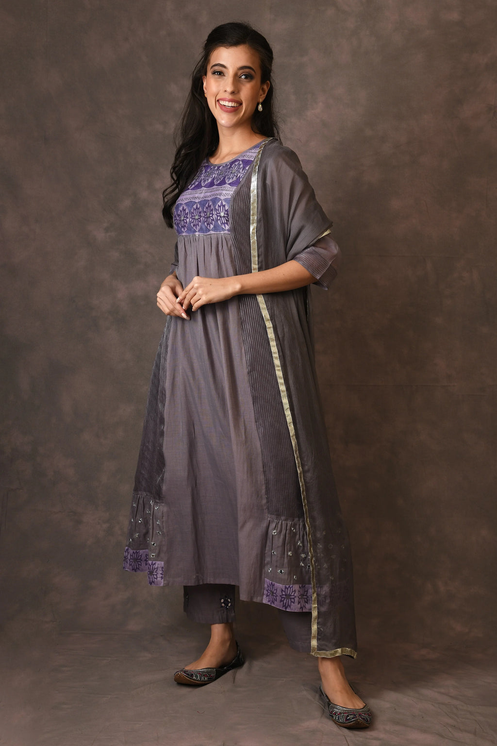Grey And Purple Paneled Dress Kurta Set With Mirror Embroiery And Handblock Printed Sunflower Motif