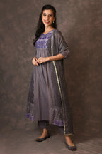 Grey And Purple Paneled Dress Kurta Set With Mirror Embroiery And Handblock Printed Sunflower Motif