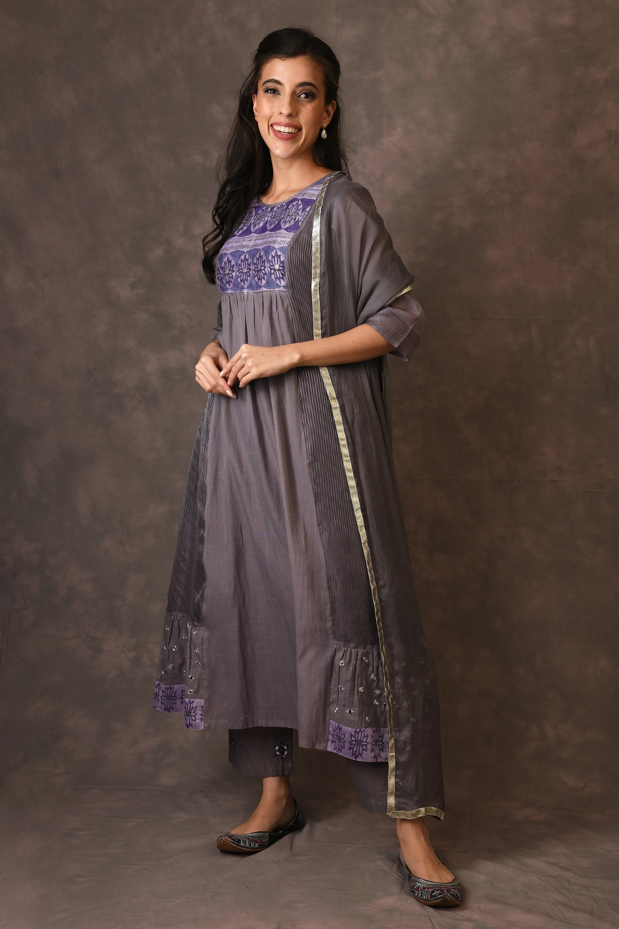 Grey And Purple Paneled Dress Kurta Set With Mirror Embroiery And Handblock Printed Sunflower Motif