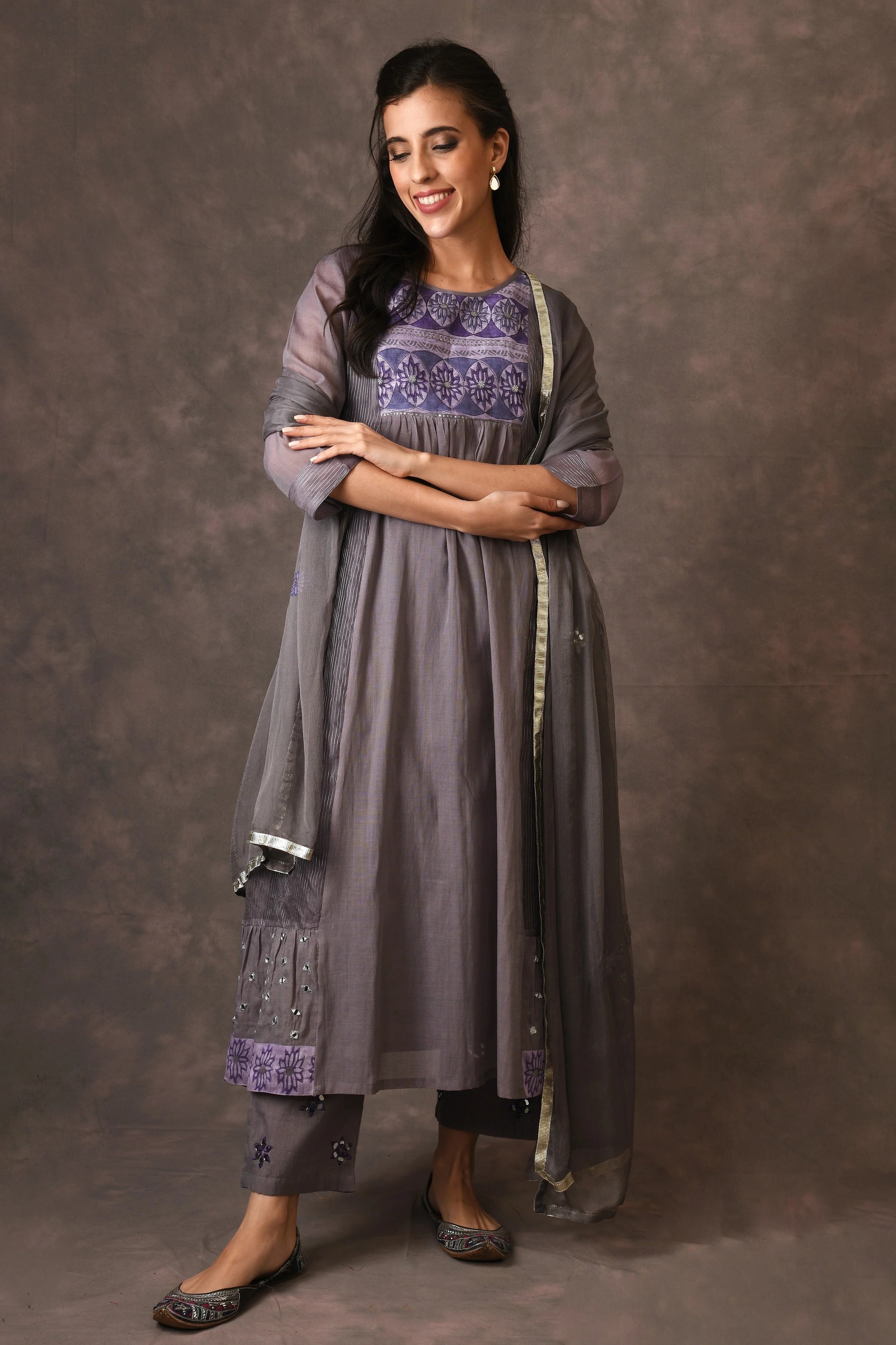 Grey And Purple Paneled Dress Kurta Set With Mirror Embroiery And Handblock Printed Sunflower Motif