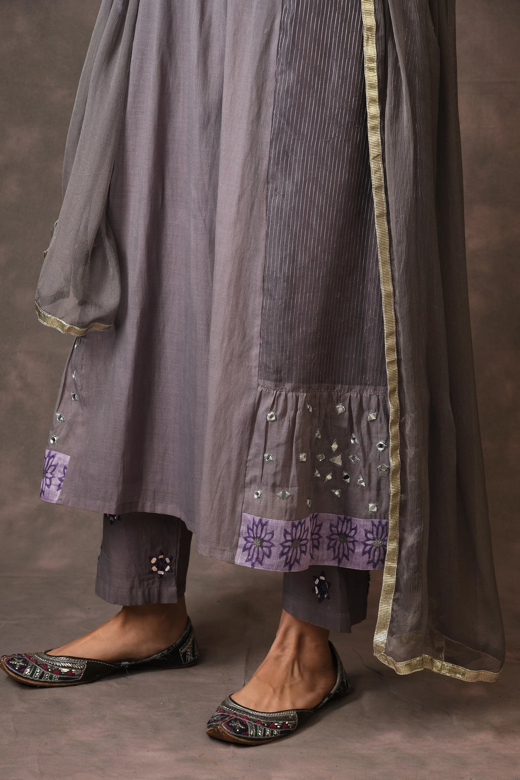 Grey And Purple Paneled Dress Kurta Set With Mirror Embroiery And Handblock Printed Sunflower Motif