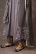 Grey And Purple Paneled Dress Kurta Set With Mirror Embroiery And Handblock Printed Sunflower Motif