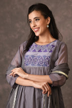 Grey And Purple Paneled Dress Kurta Set With Mirror Embroiery And Handblock Printed Sunflower Motif