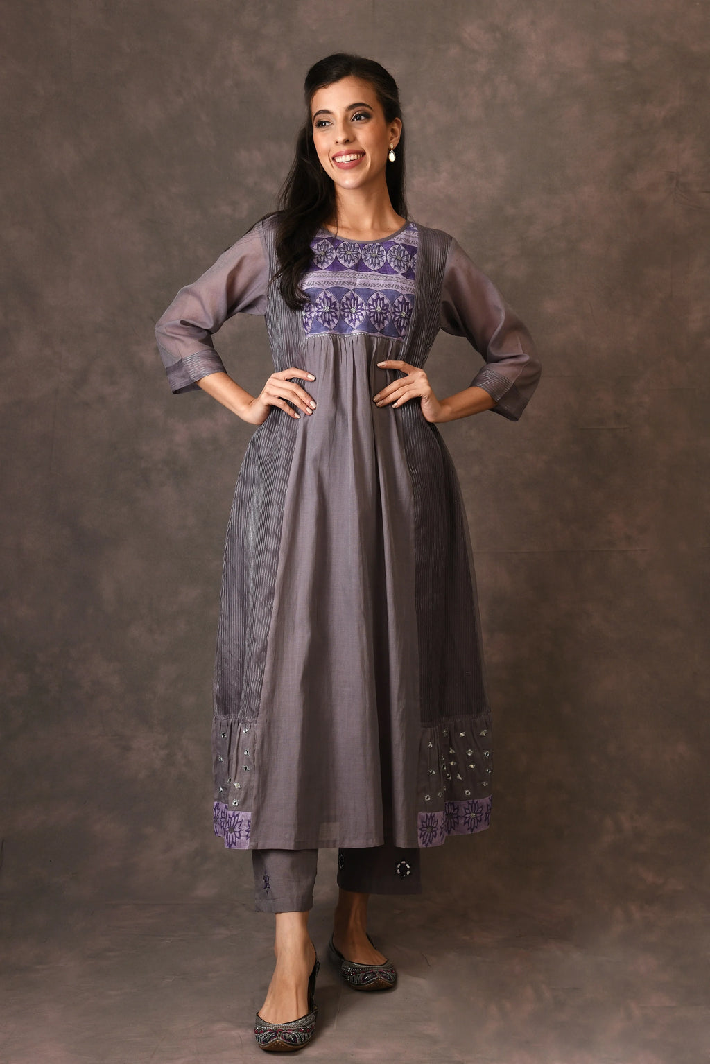 Grey And Purple Paneled Dress Kurta Set With Mirror Embroiery And Handblock Printed Sunflower Motif