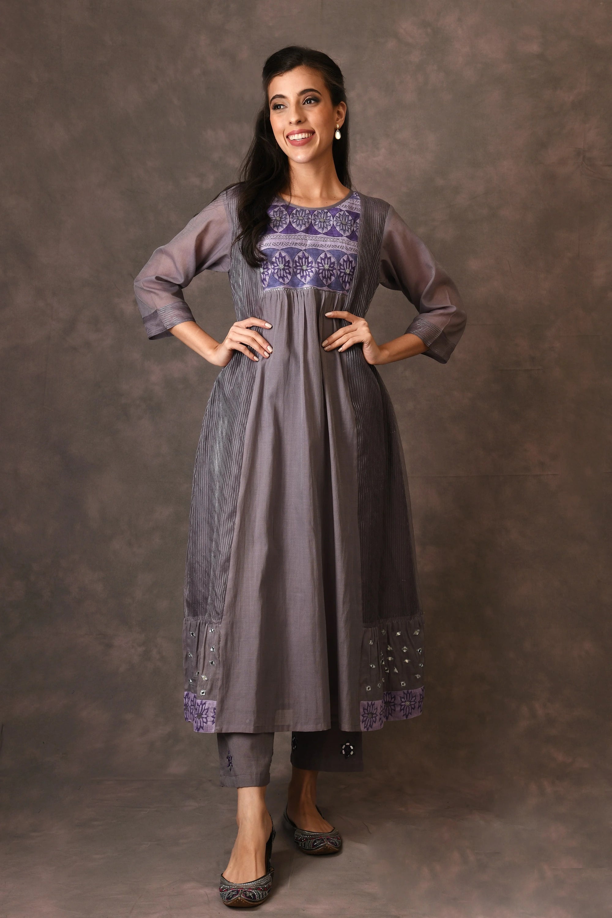 Grey And Purple Paneled Dress Kurta Set With Mirror Embroiery And Handblock Printed Sunflower Motif