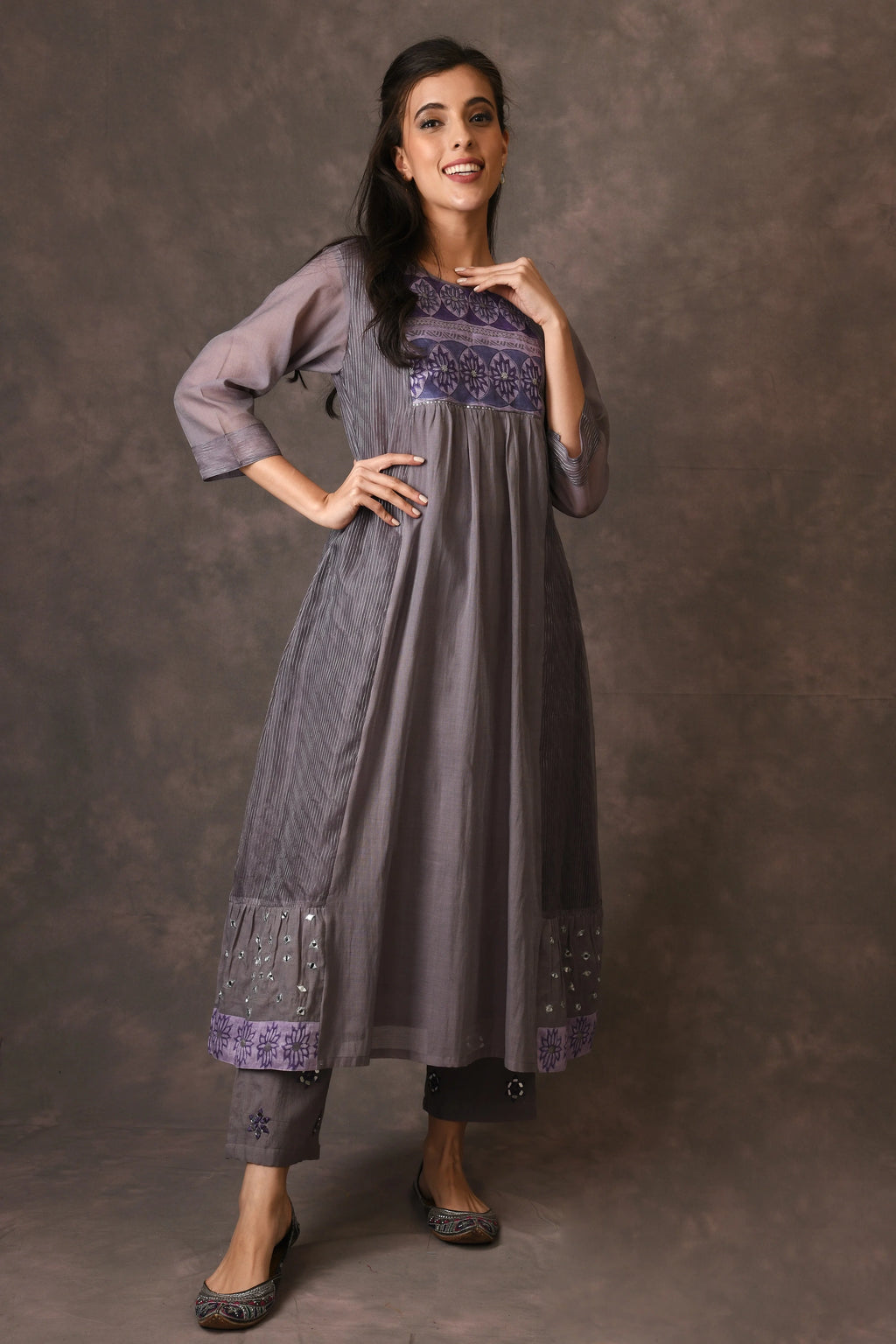 Grey And Purple Paneled Dress Kurta Set With Mirror Embroiery And Handblock Printed Sunflower Motif