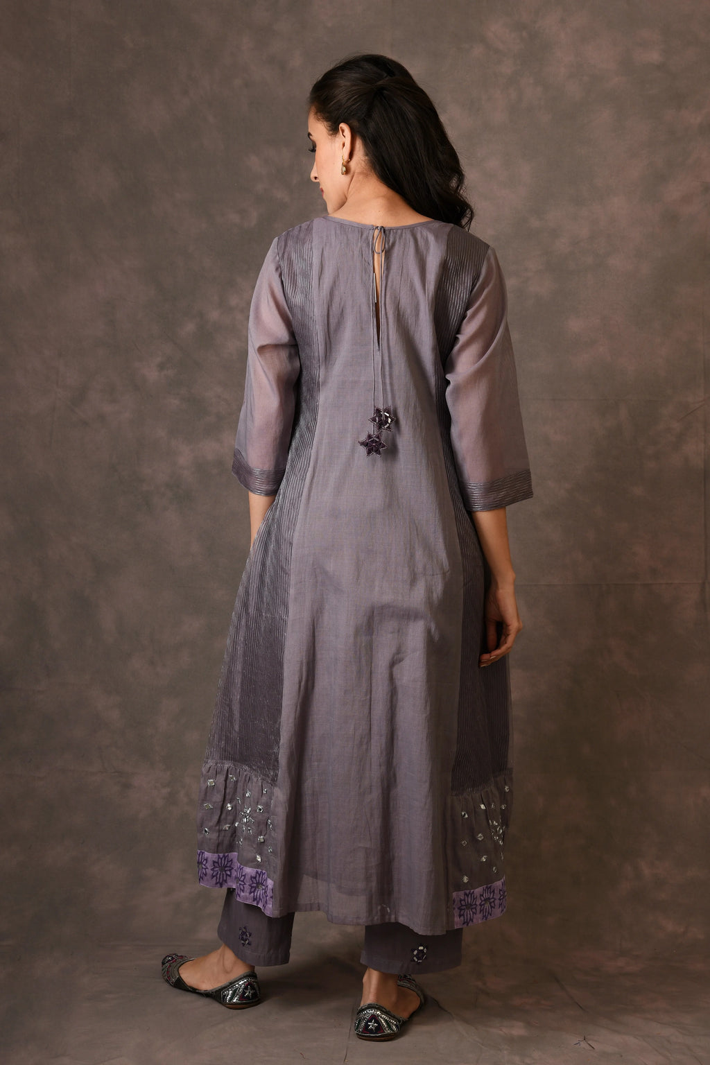 Grey And Purple Paneled Dress Kurta Set With Mirror Embroiery And Handblock Printed Sunflower Motif
