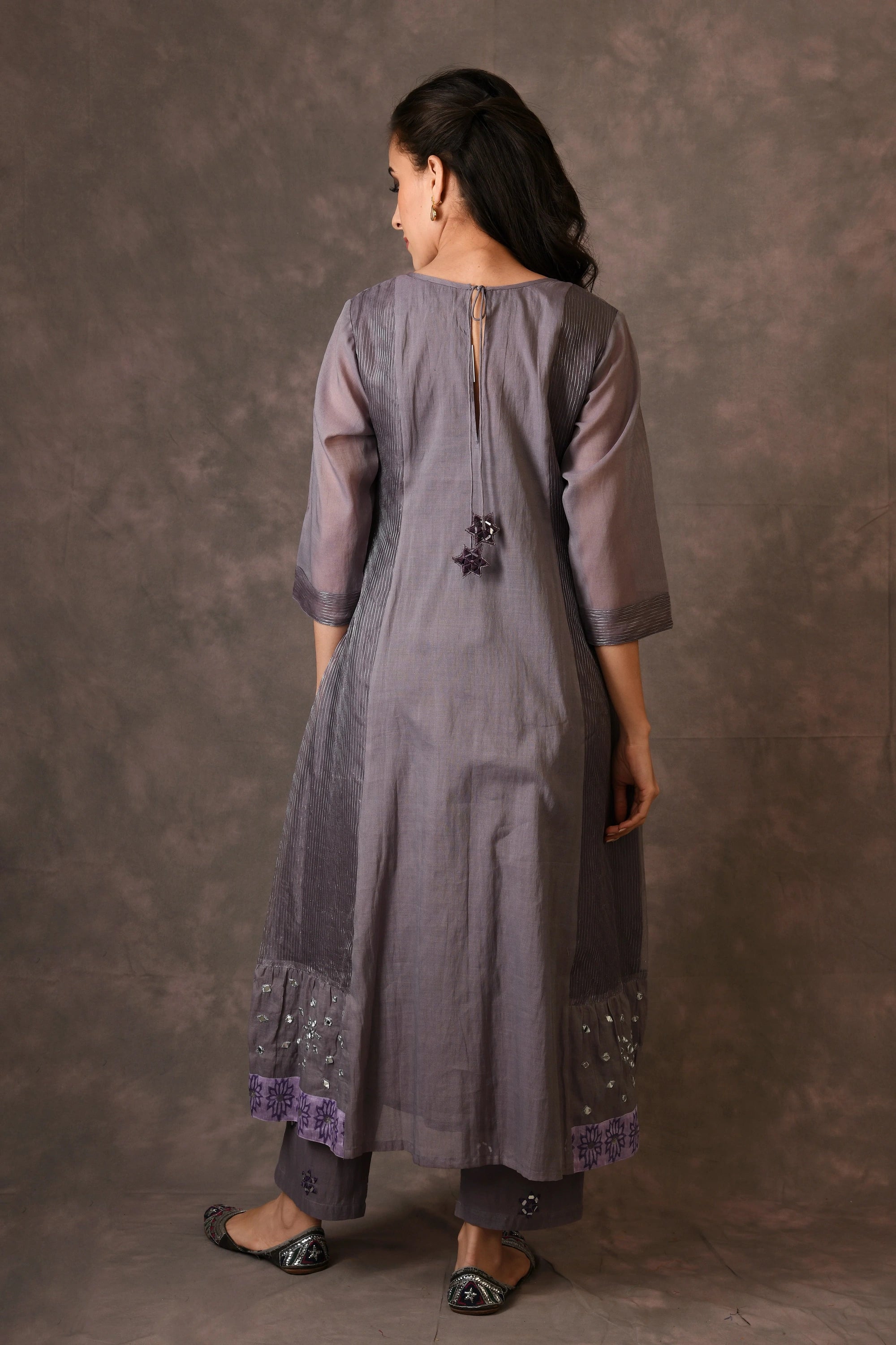 Grey And Purple Paneled Dress Kurta Set With Mirror Embroiery And Handblock Printed Sunflower Motif