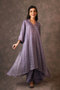 Lavender, Silk Zari, Asymmetrical Dress Kurta Set With Mirror Embroidery