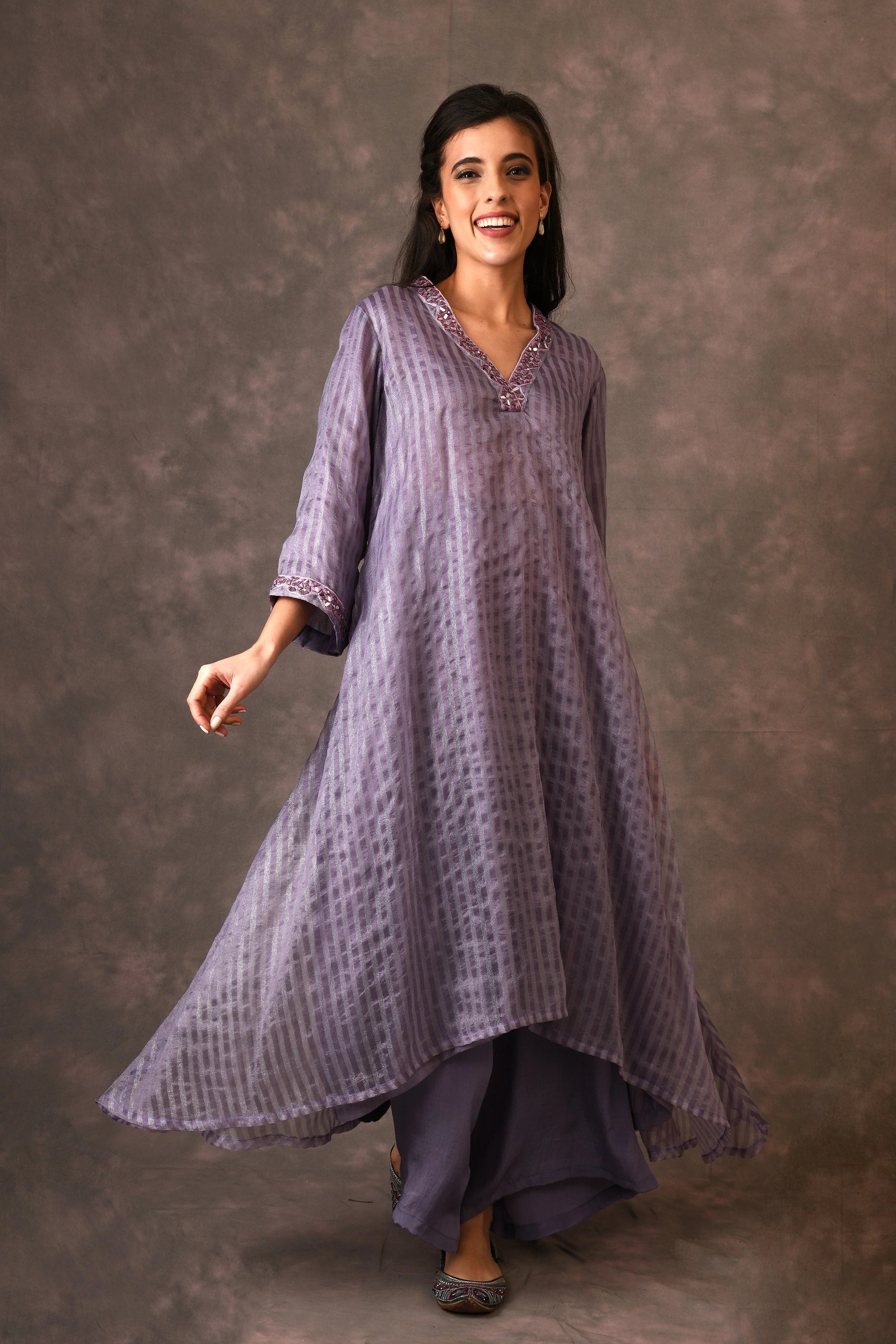 Lavender, Silk Zari, Asymmetrical Dress Kurta Set With Mirror Embroidery