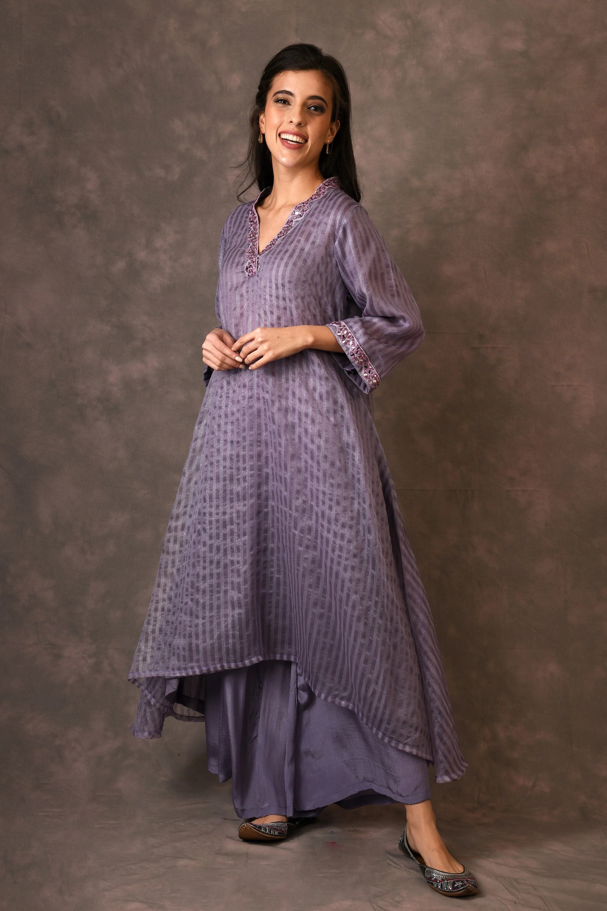 Lavender, Silk Zari, Asymmetrical Dress Kurta Set With Mirror Embroidery