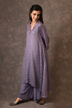 Lavender, Silk Zari, Asymmetrical Dress Kurta Set With Mirror Embroidery
