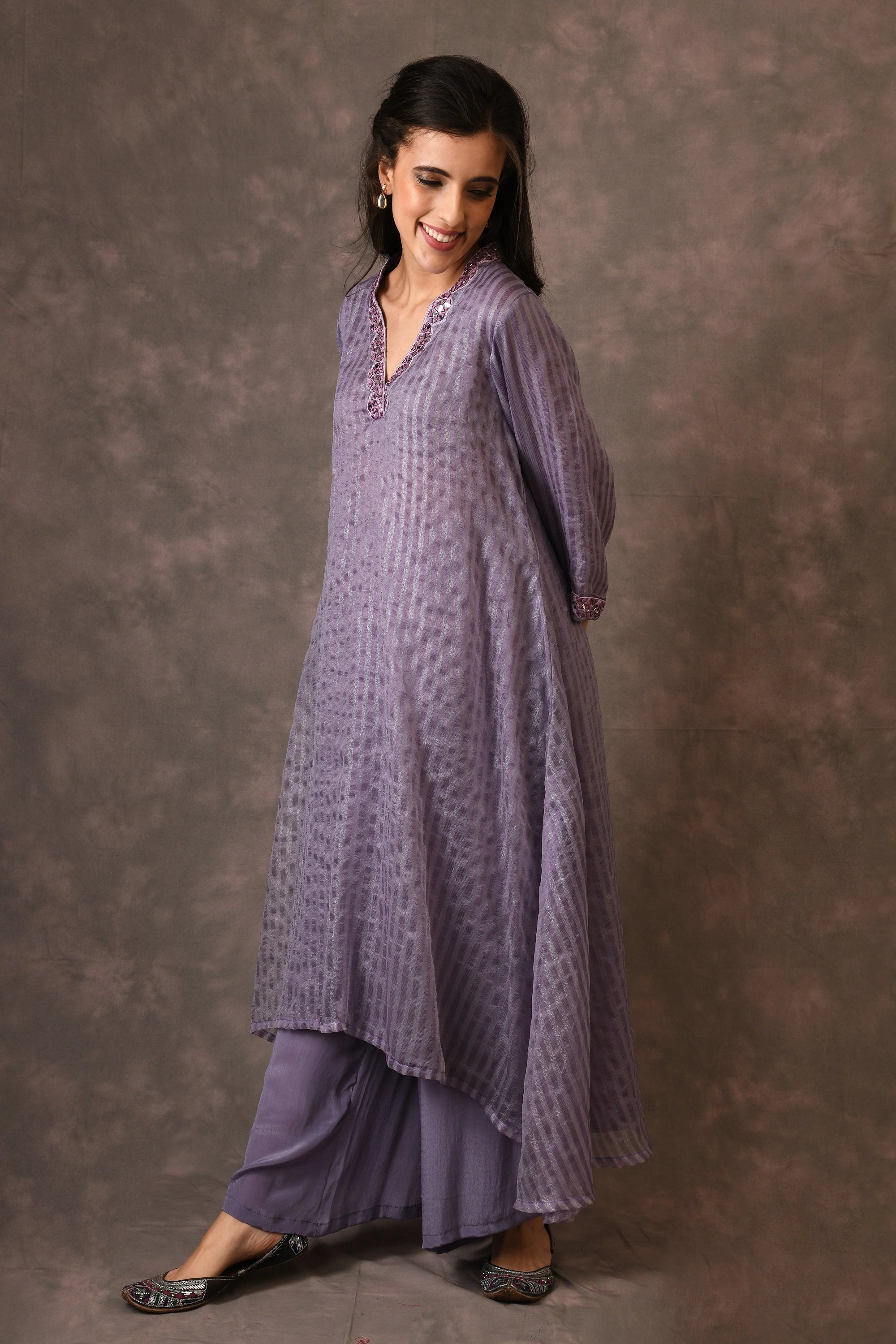 Lavender, Silk Zari, Asymmetrical Dress Kurta Set With Mirror Embroidery