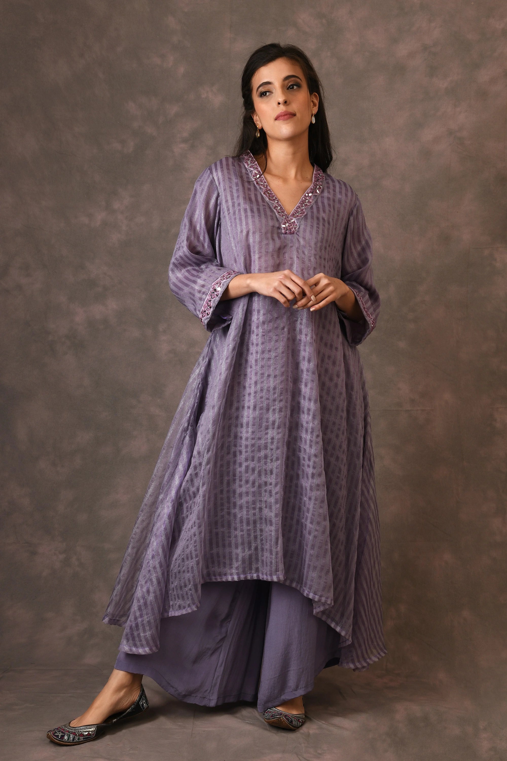 Lavender, Silk Zari, Asymmetrical Dress Kurta Set With Mirror Embroidery
