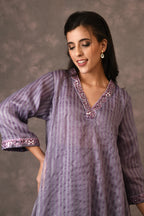 Lavender, Silk Zari, Asymmetrical Dress Kurta Set With Mirror Embroidery
