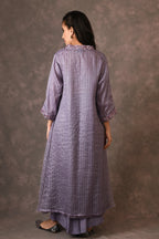 Lavender, Silk Zari, Asymmetrical Dress Kurta Set With Mirror Embroidery