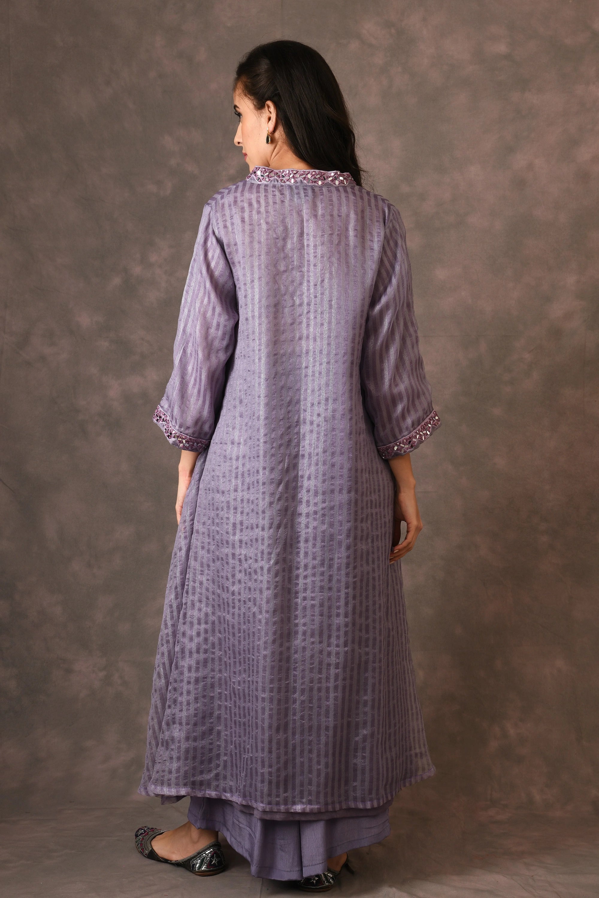 Lavender, Silk Zari, Asymmetrical Dress Kurta Set With Mirror Embroidery