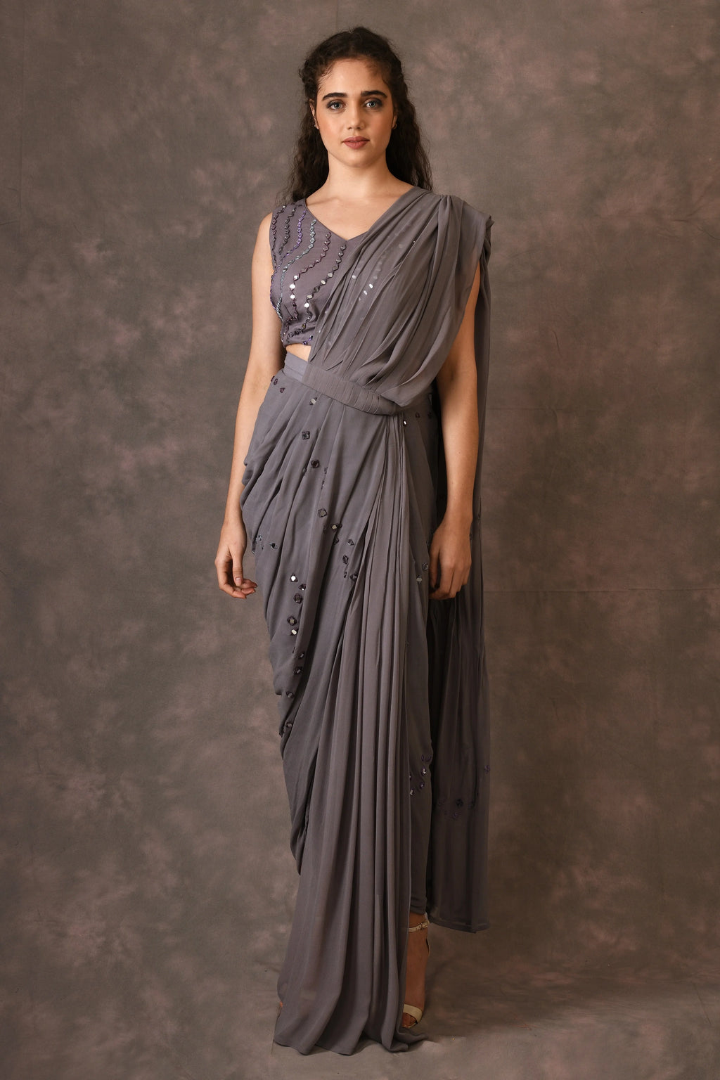 Grey, Waves Mirror Embroidered Georgette Drapped Saree And Blouse