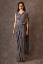 Grey, Waves Mirror Embroidered Georgette Drapped Saree And Blouse