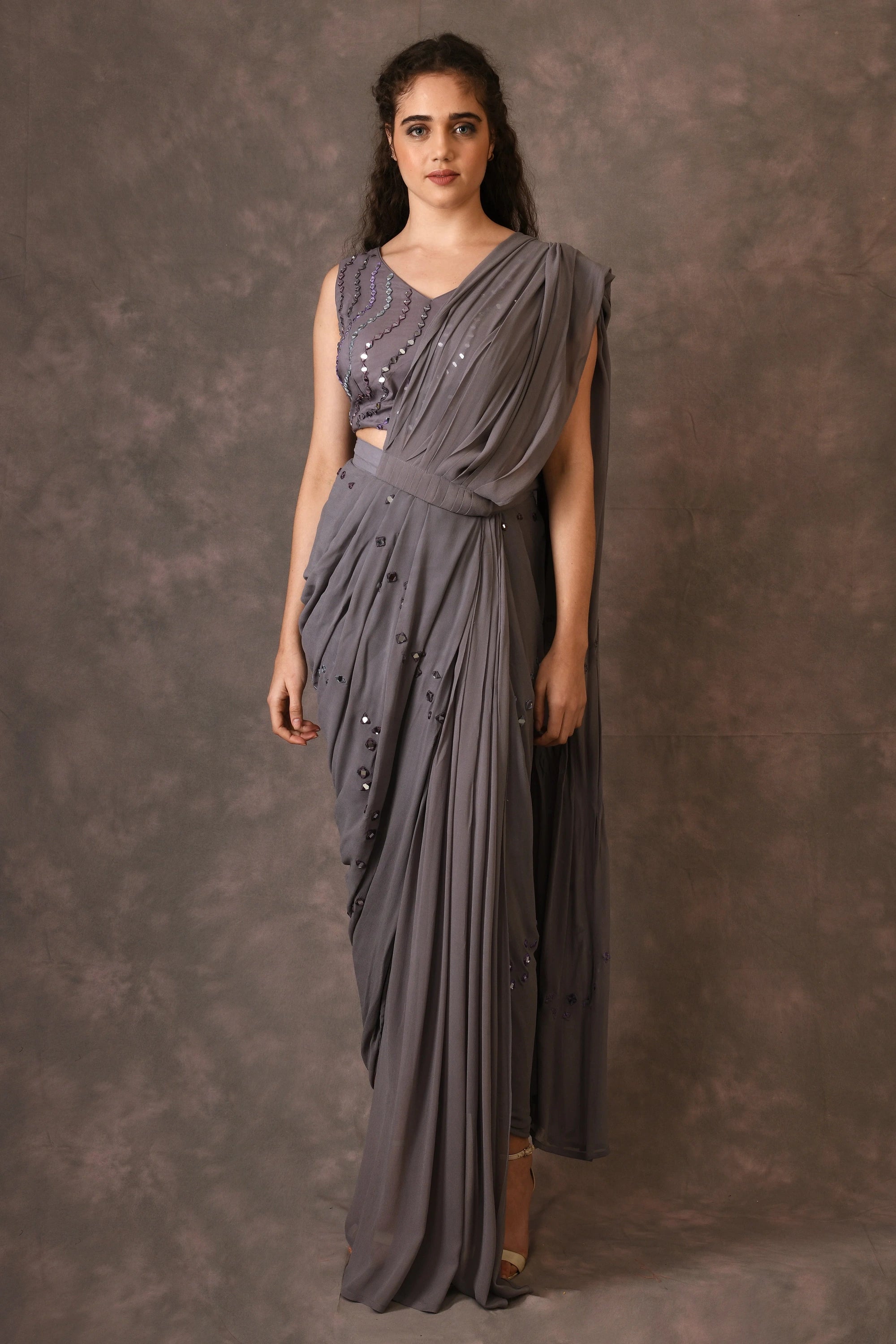 Grey, Waves Mirror Embroidered Georgette Drapped Saree And Blouse