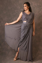 Grey, Waves Mirror Embroidered Georgette Drapped Saree And Blouse
