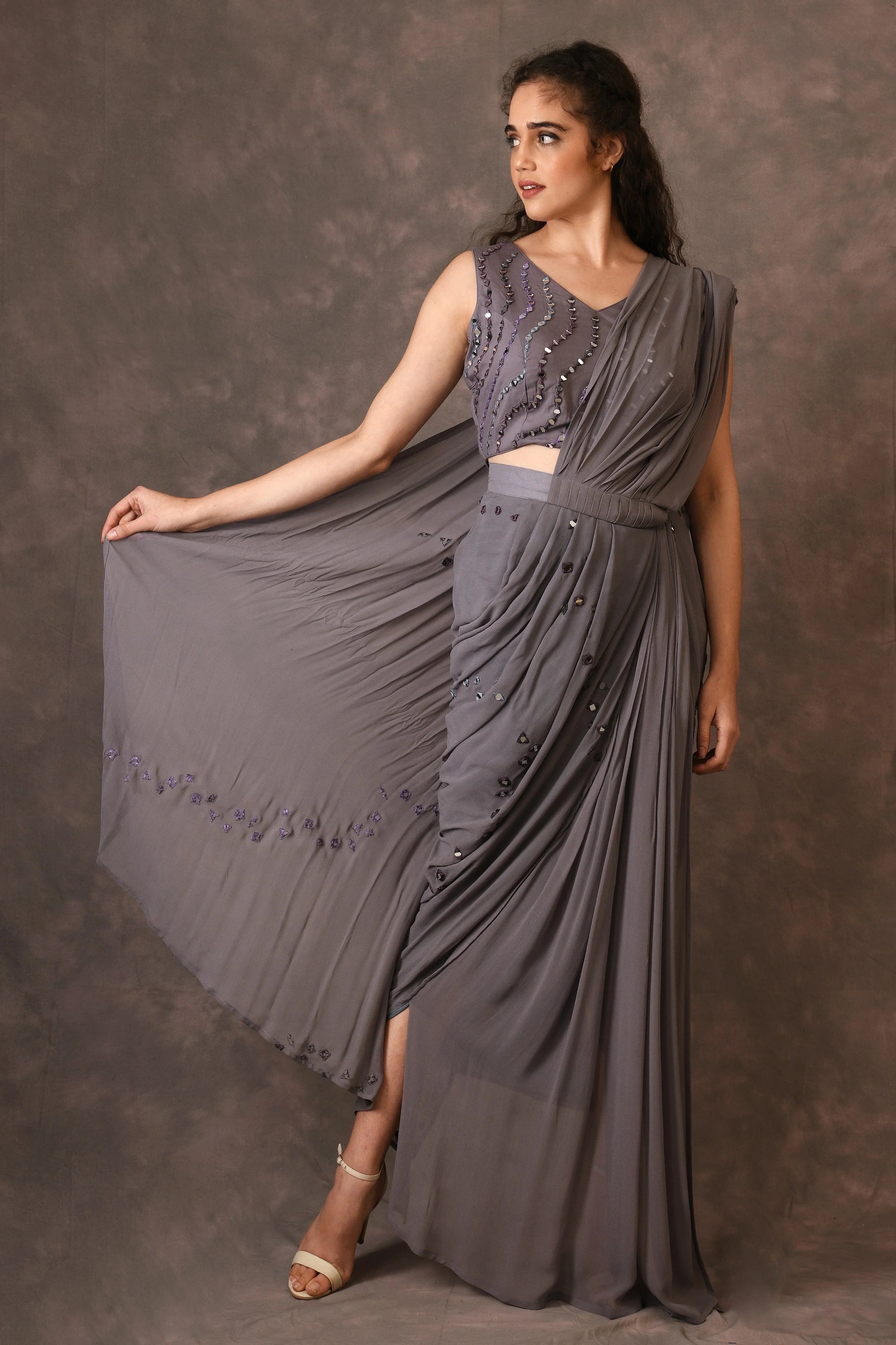 Grey, Waves Mirror Embroidered Georgette Drapped Saree And Blouse