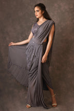 Grey, Waves Mirror Embroidered Georgette Drapped Saree And Blouse