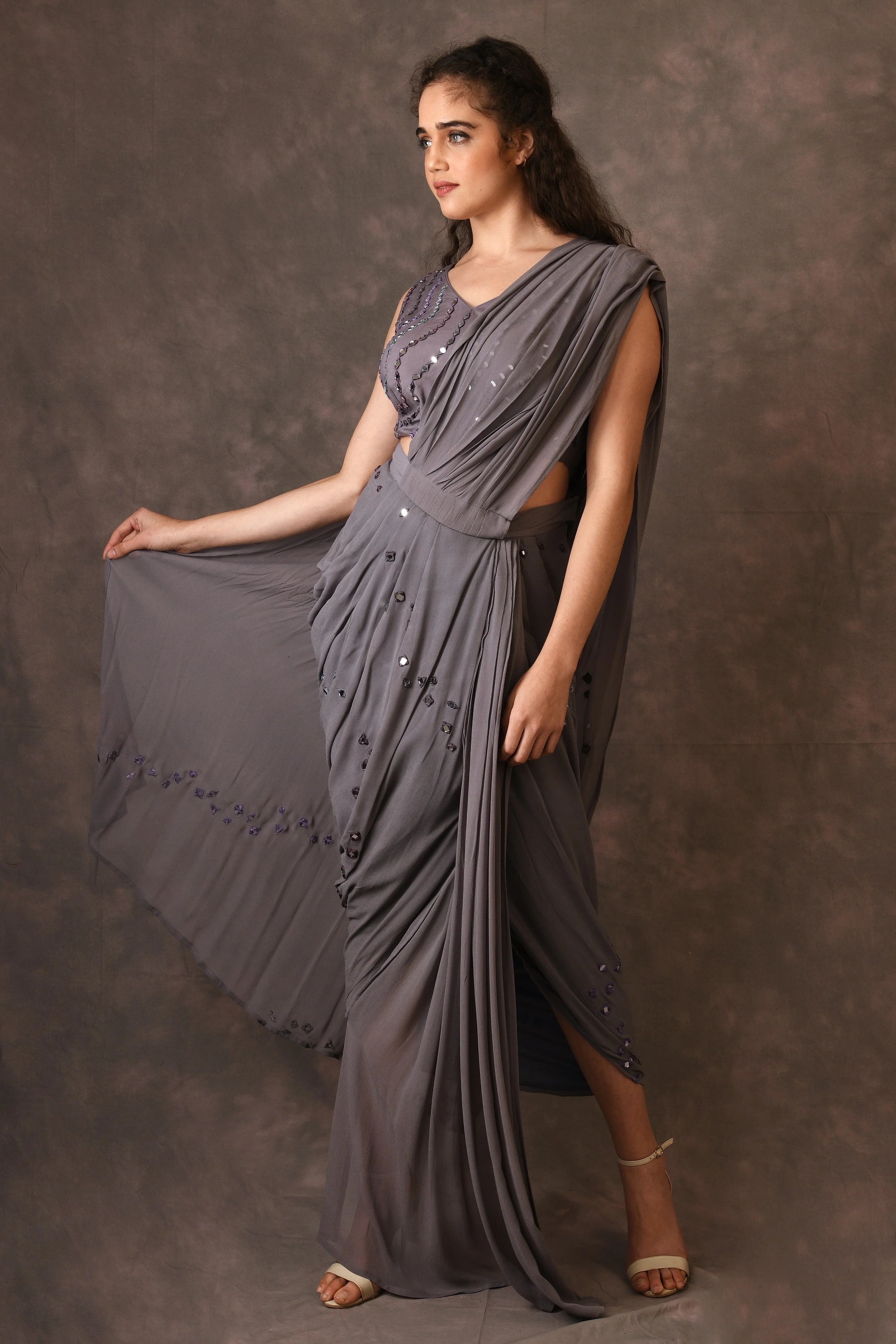 Grey, Waves Mirror Embroidered Georgette Drapped Saree And Blouse