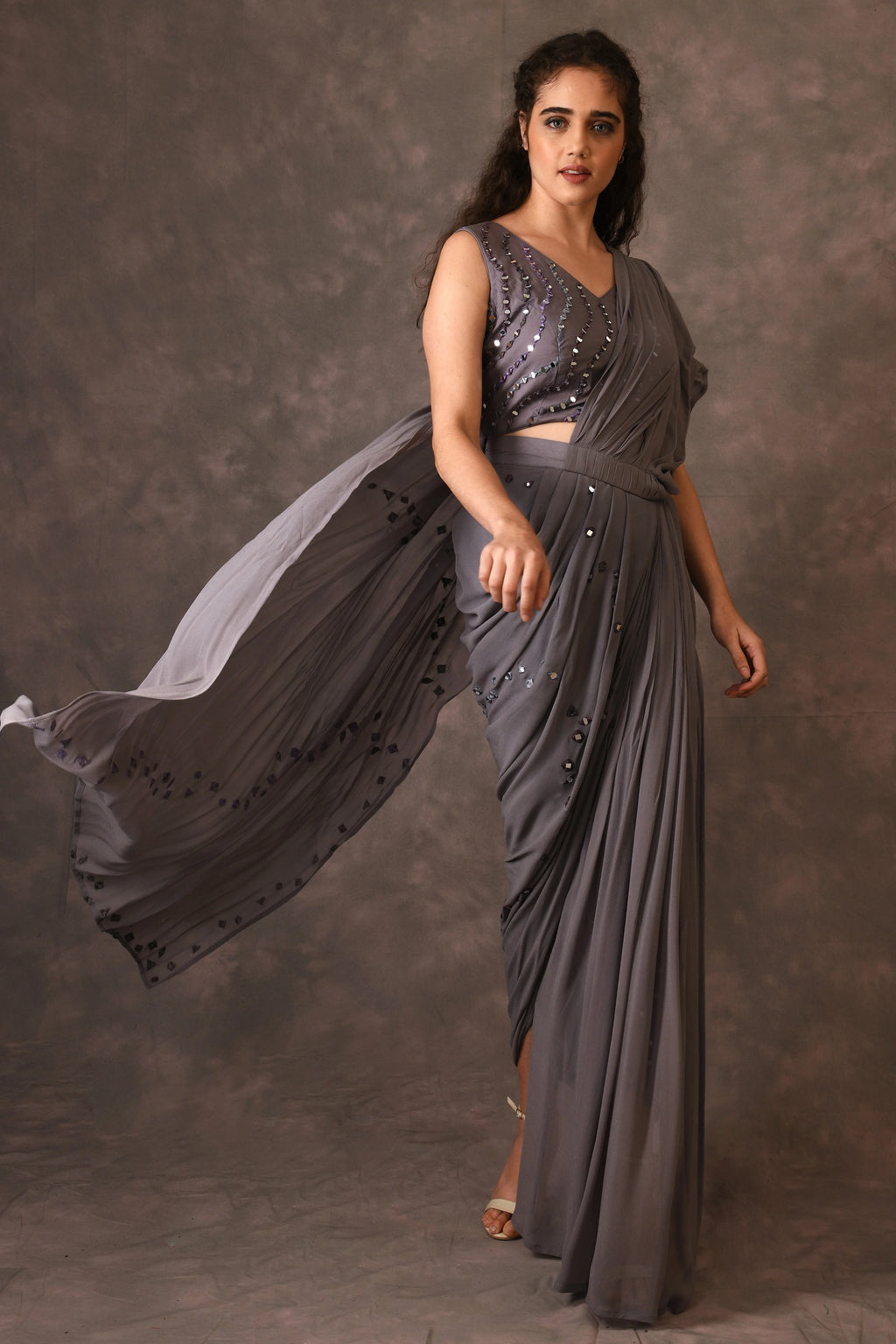 Grey, Waves Mirror Embroidered Georgette Drapped Saree And Blouse