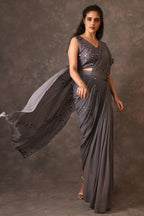 Grey, Waves Mirror Embroidered Georgette Drapped Saree And Blouse