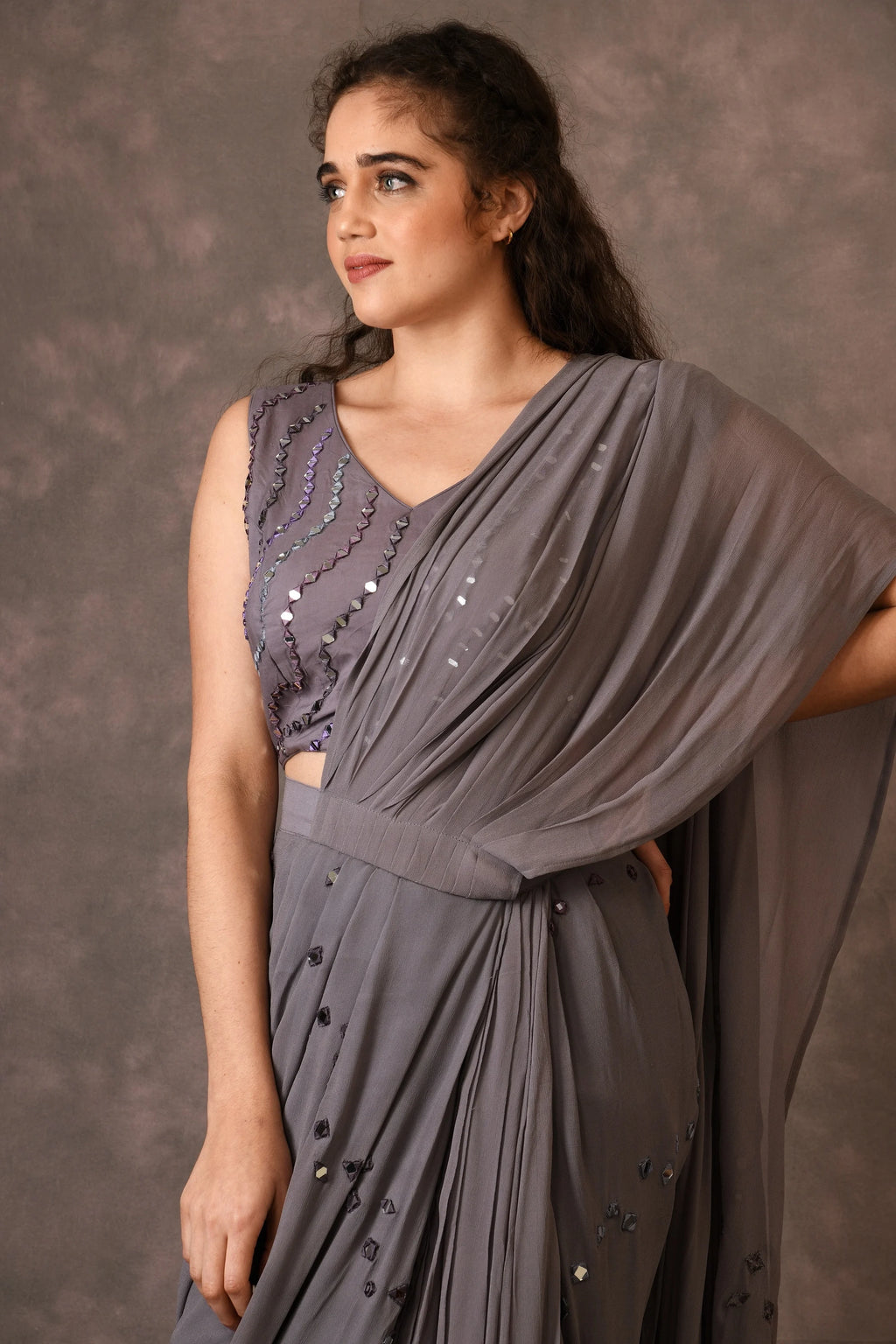 Grey, Waves Mirror Embroidered Georgette Drapped Saree And Blouse
