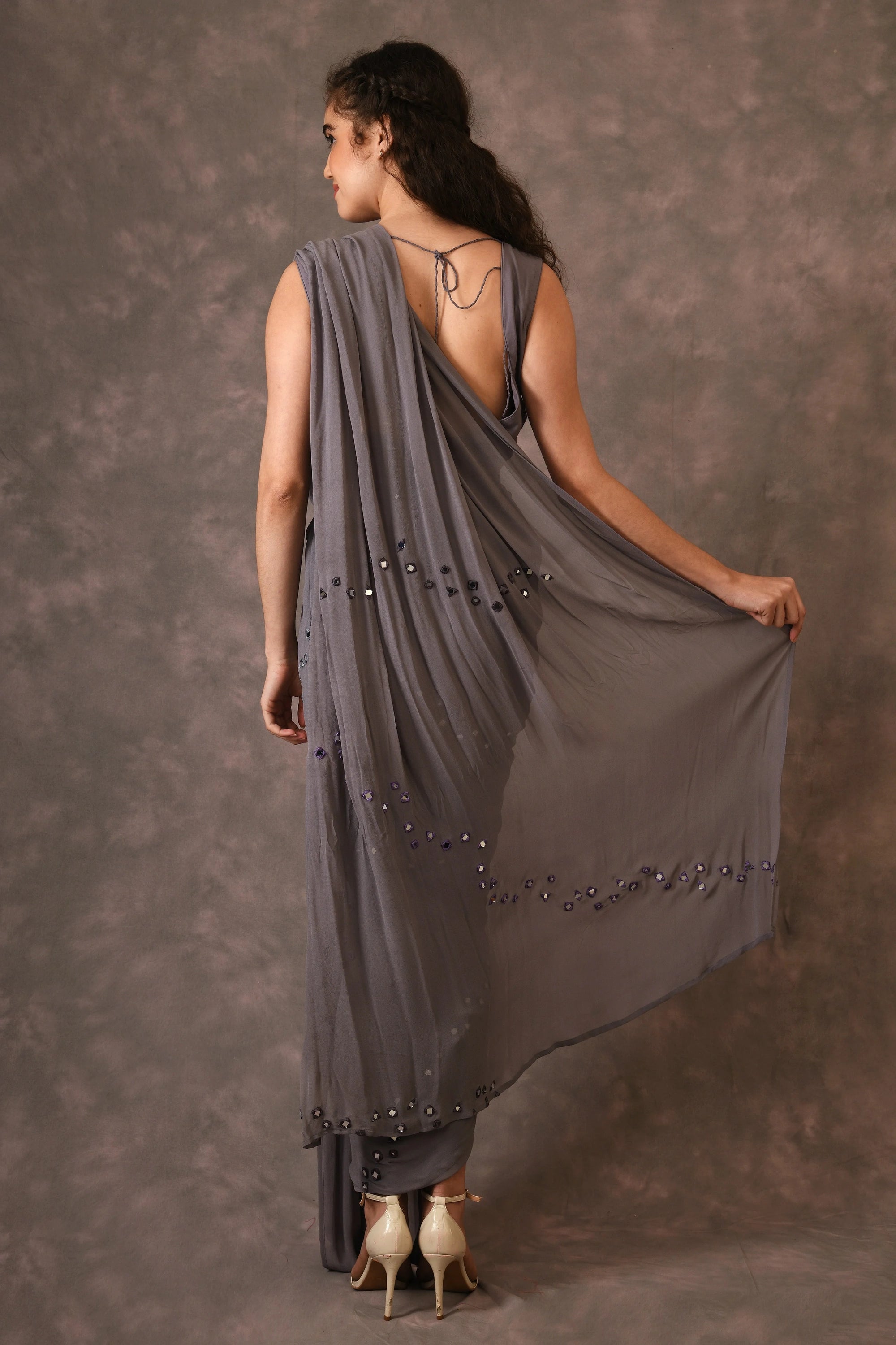 Grey, Waves Mirror Embroidered Georgette Drapped Saree And Blouse
