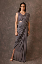 Grey, Waves Mirror Embroidered Georgette Drapped Saree And Blouse
