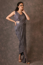 Grey, Waves Mirror Embroidered Georgette Drapped Saree And Blouse