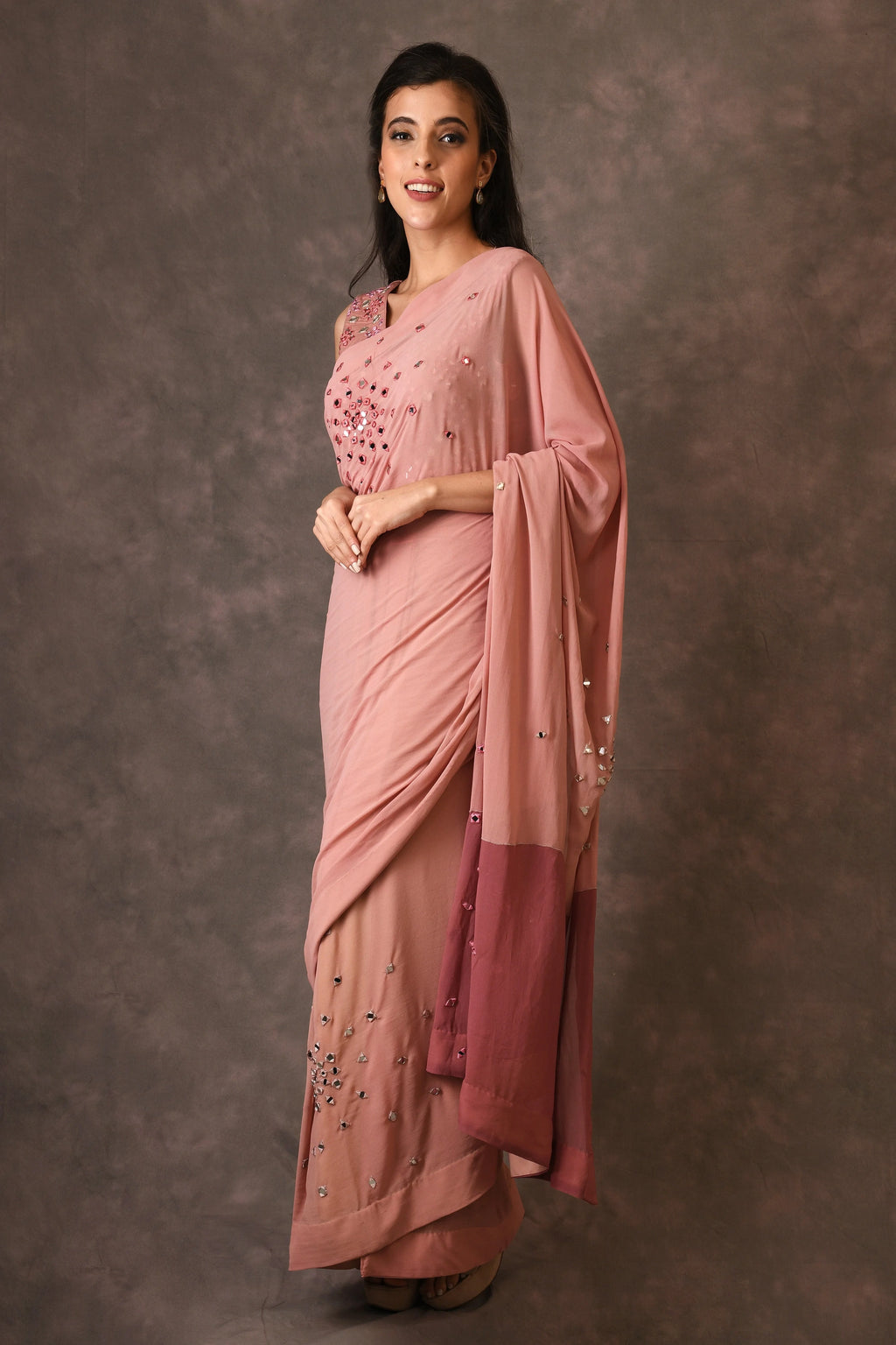Misty Rose, Sparkle Mirror Embroidered Georget Saree With Unstitched Blouse