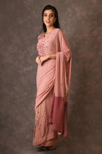Misty Rose, Sparkle Mirror Embroidered Georget Saree With Unstitched Blouse