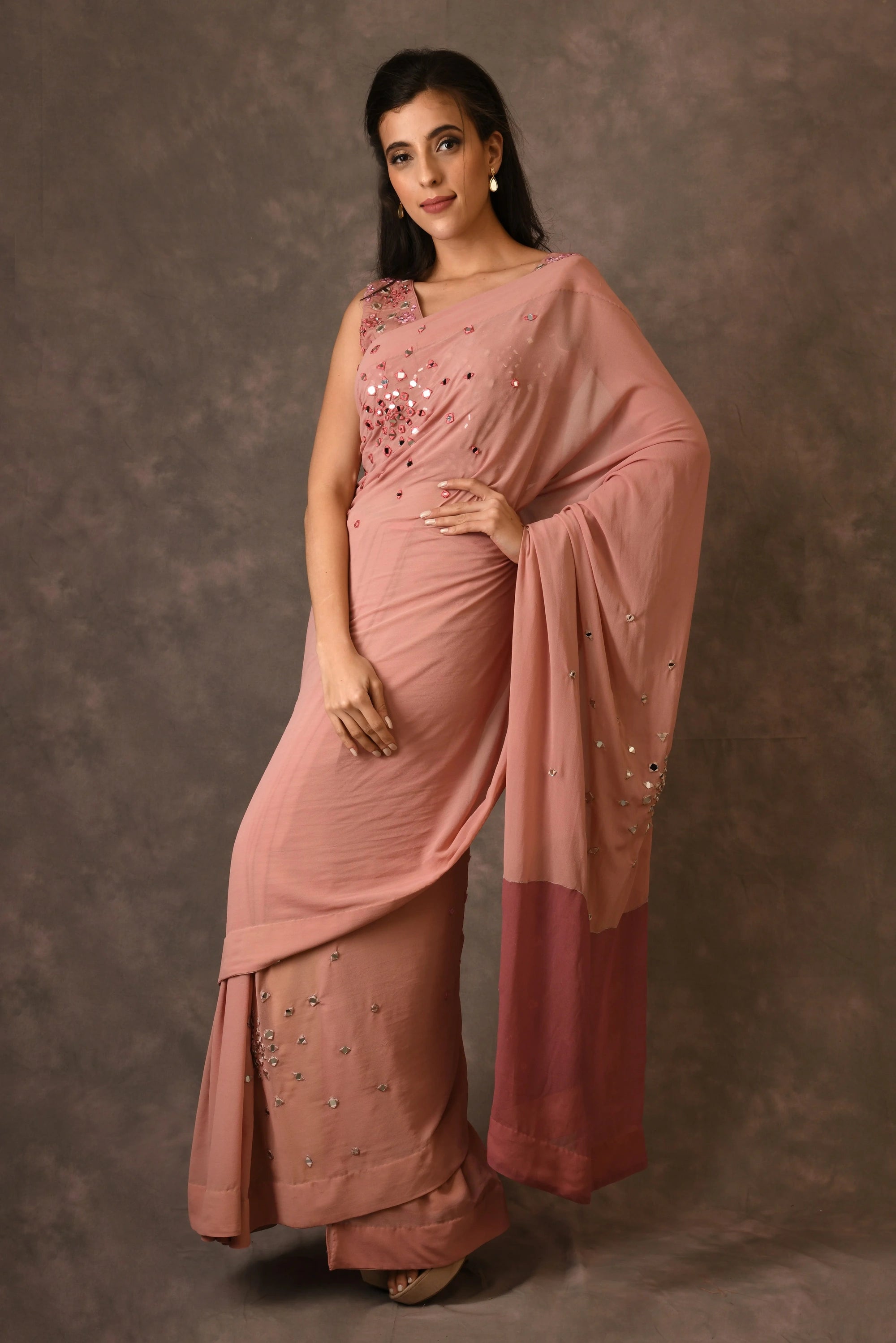 Misty Rose, Sparkle Mirror Embroidered Georget Saree With Unstitched Blouse