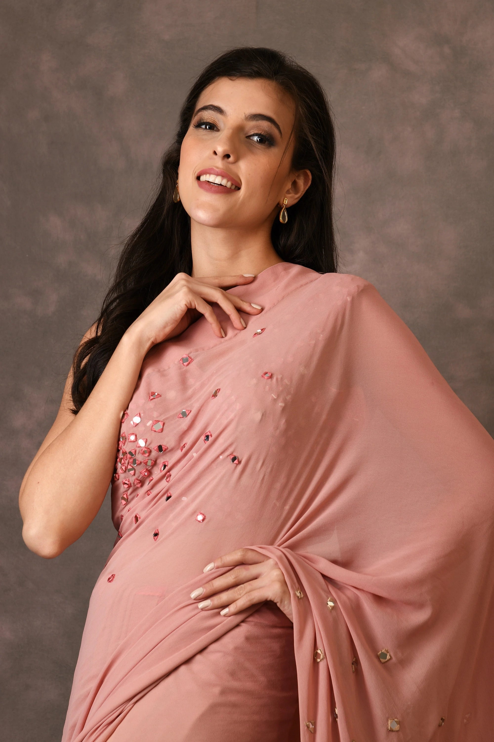 Misty Rose, Sparkle Mirror Embroidered Georget Saree With Unstitched Blouse