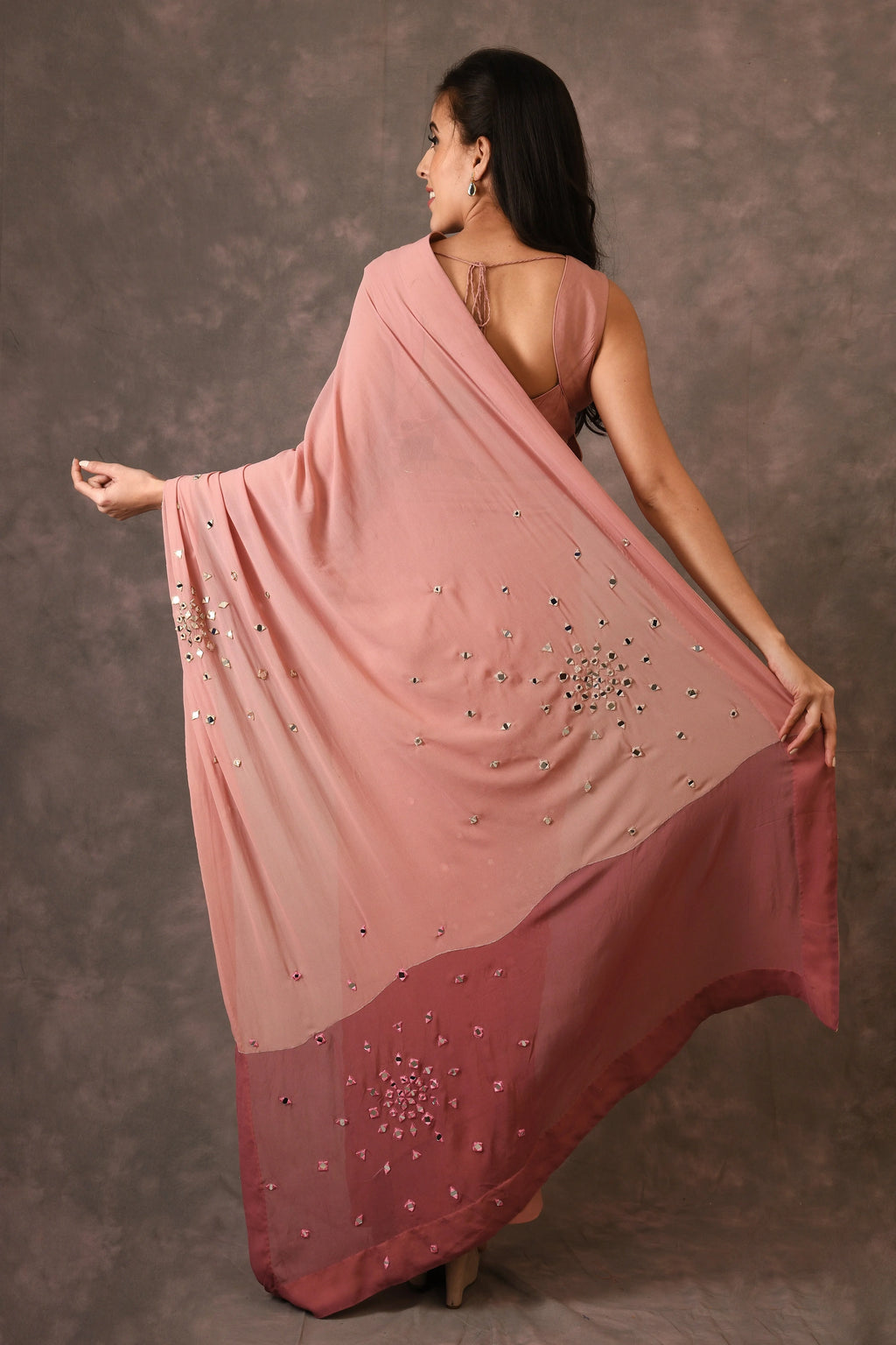 Misty Rose, Sparkle Mirror Embroidered Georget Saree With Unstitched Blouse