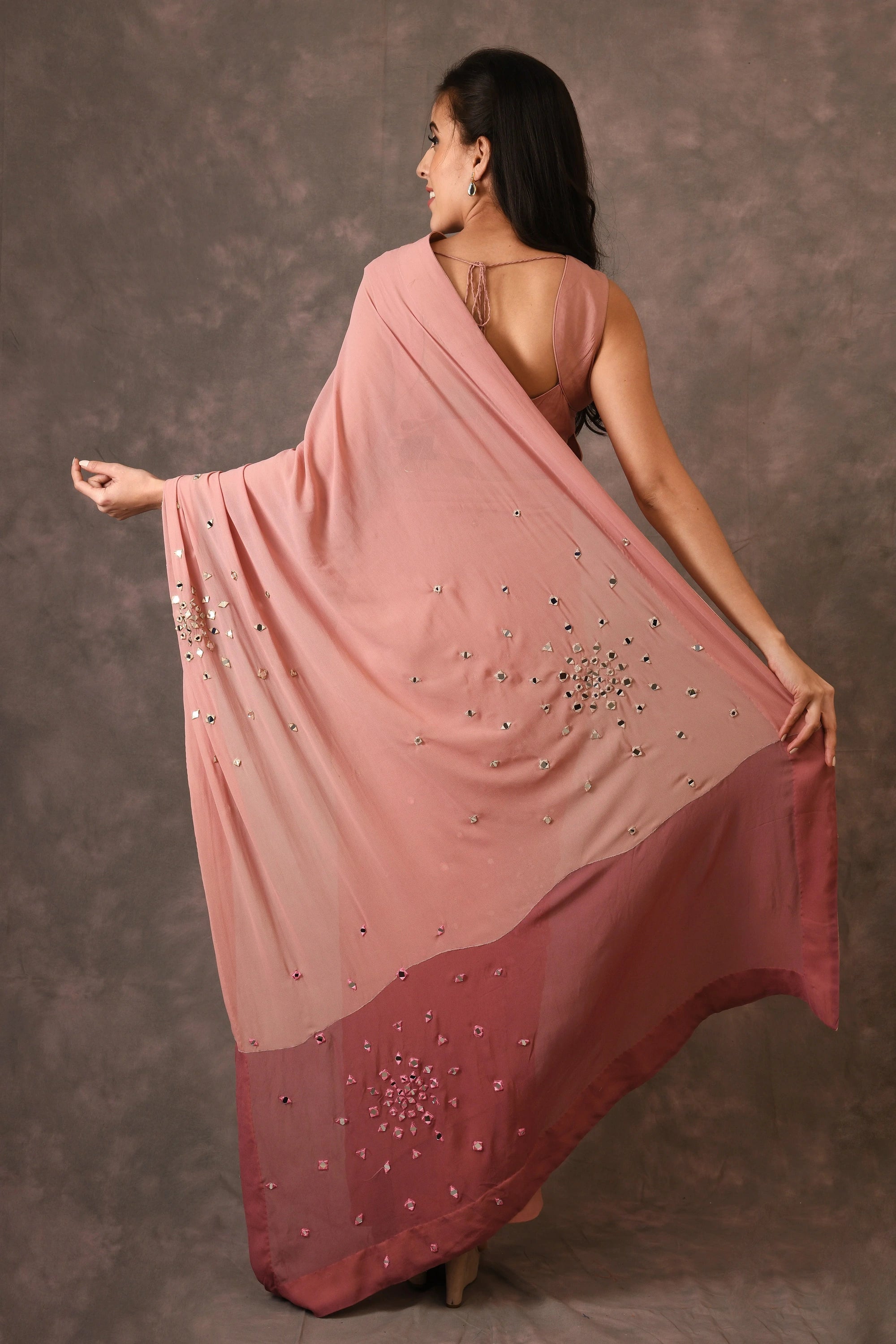 Misty Rose, Sparkle Mirror Embroidered Georget Saree With Unstitched Blouse