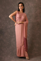 Misty Rose, Sparkle Mirror Embroidered Georget Saree With Unstitched Blouse