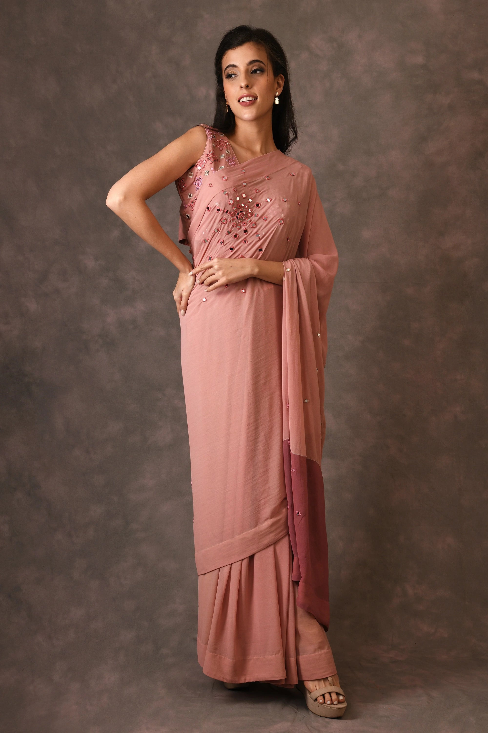 Misty Rose, Sparkle Mirror Embroidered Georget Saree With Unstitched Blouse