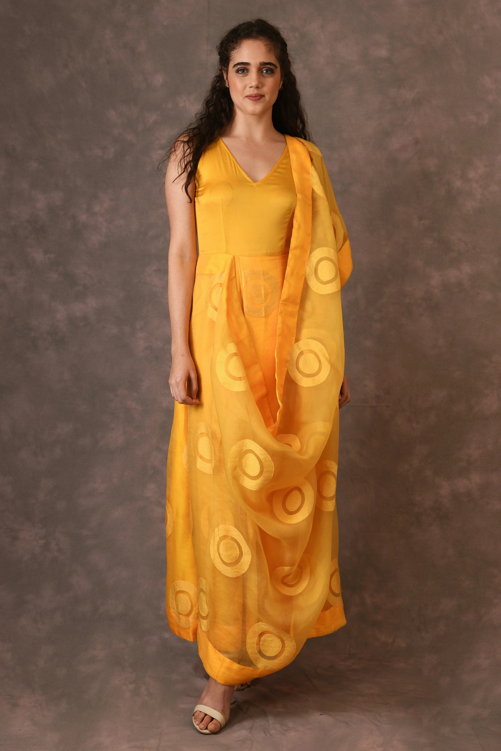 Deep Yellow Silk Organza Cutwork Dress Saree