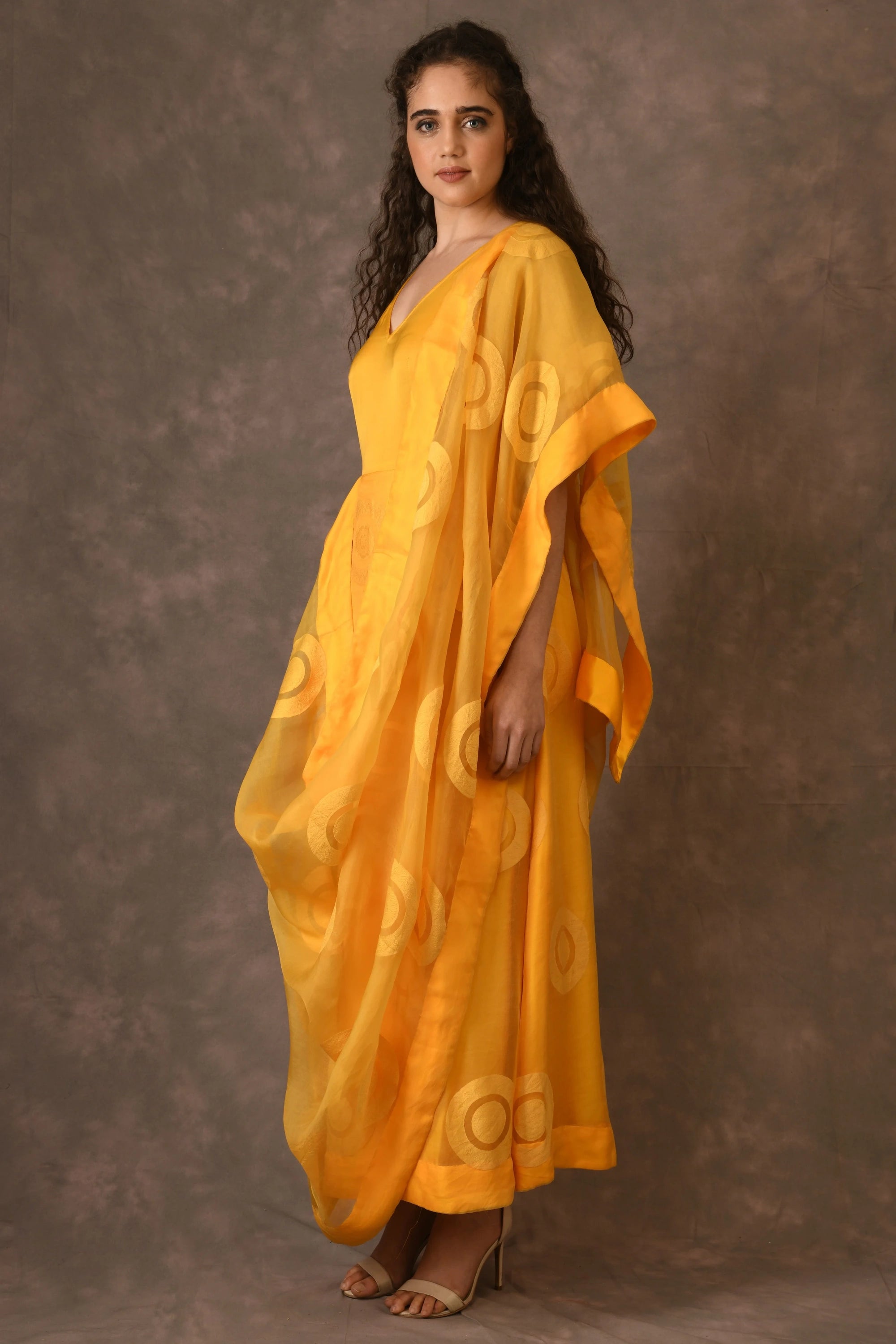 Deep Yellow Silk Organza Cutwork Dress Saree