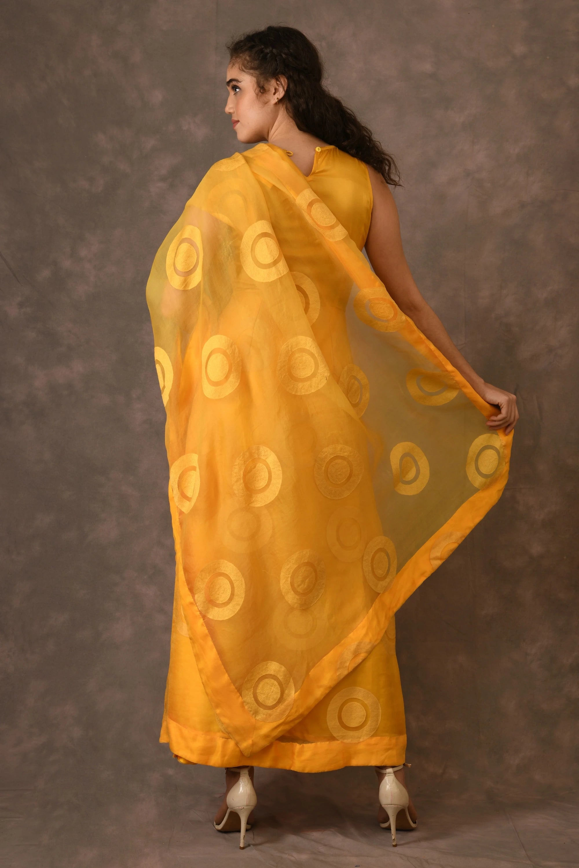 Deep Yellow Silk Organza Cutwork Dress Saree