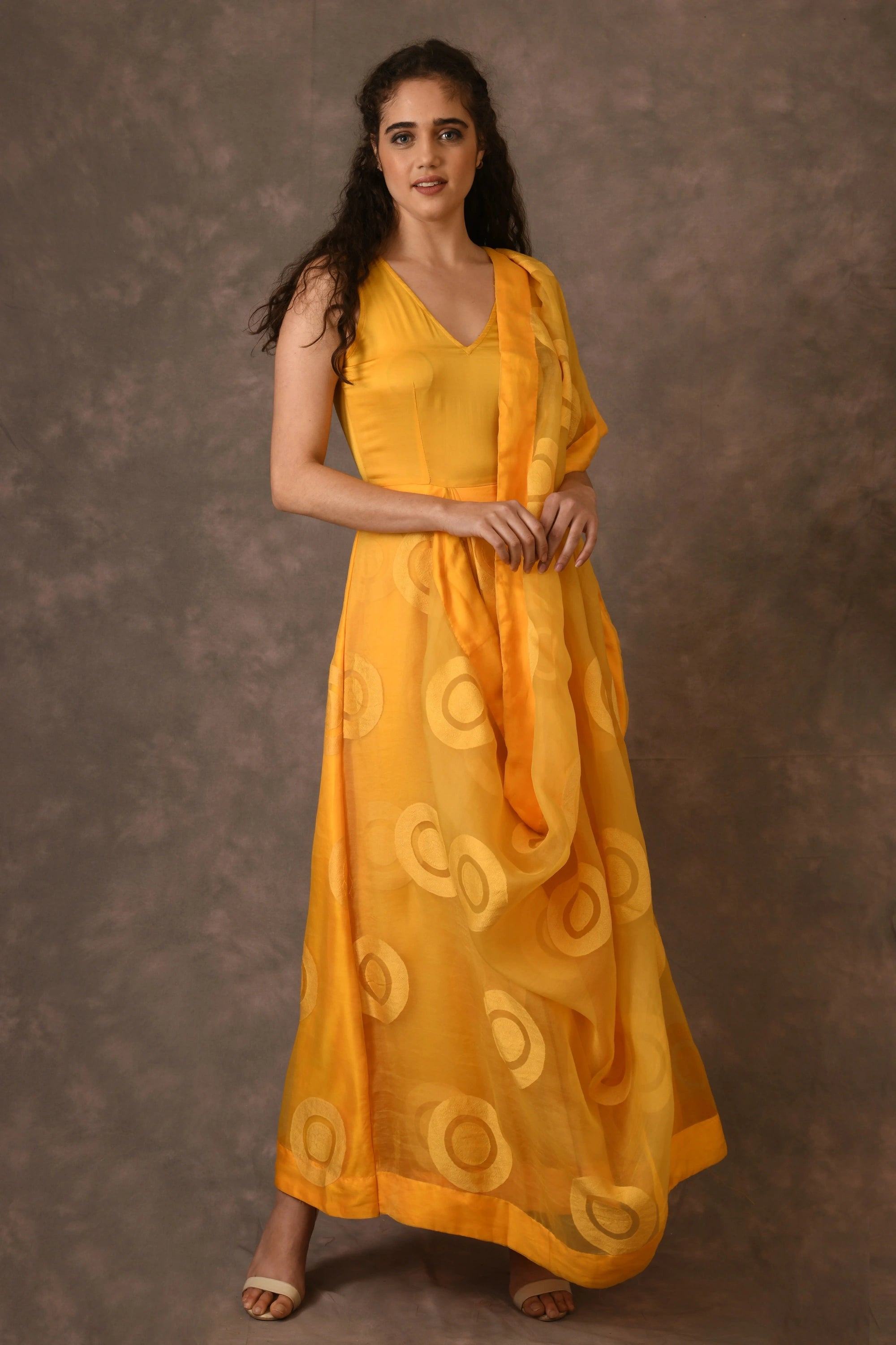Deep Yellow Silk Organza Cutwork Dress Saree
