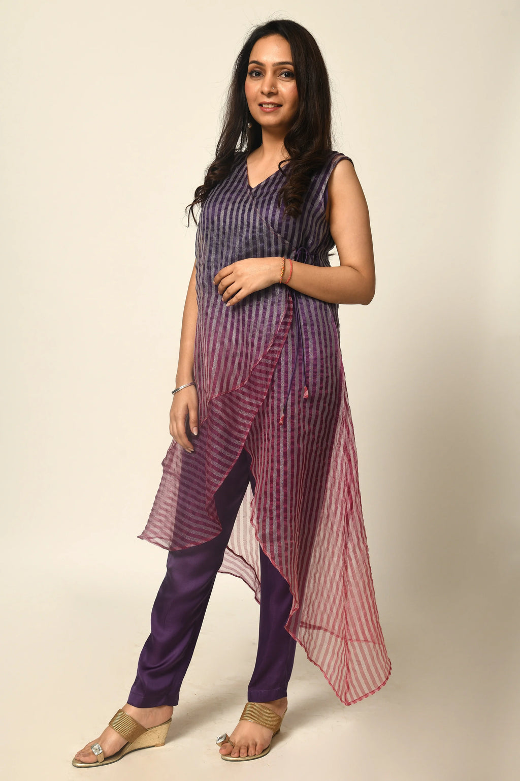 Purple Ombre, Silk Zari Woven Sheer Jacket With Camisole And Pants