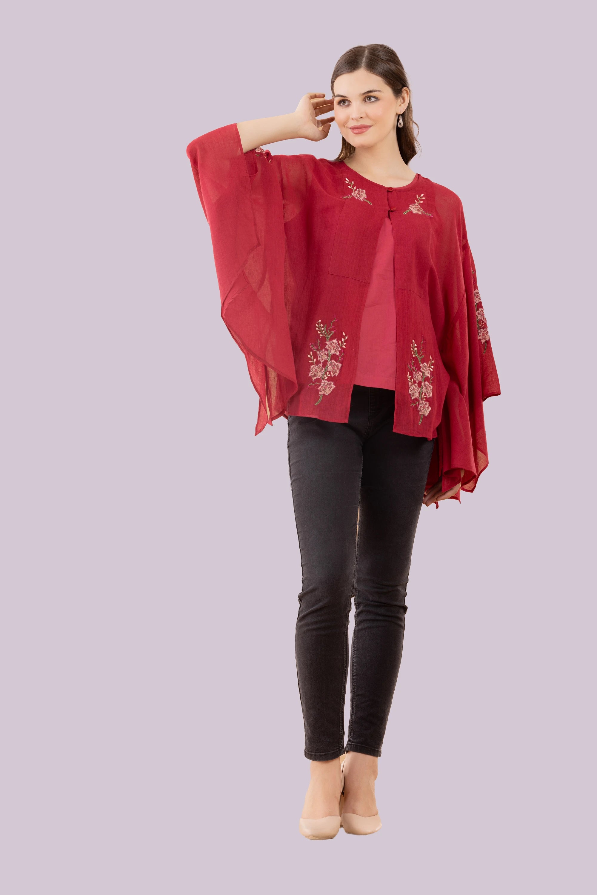 Orchid, Red Kimino Style Top Embroidered With Camisole