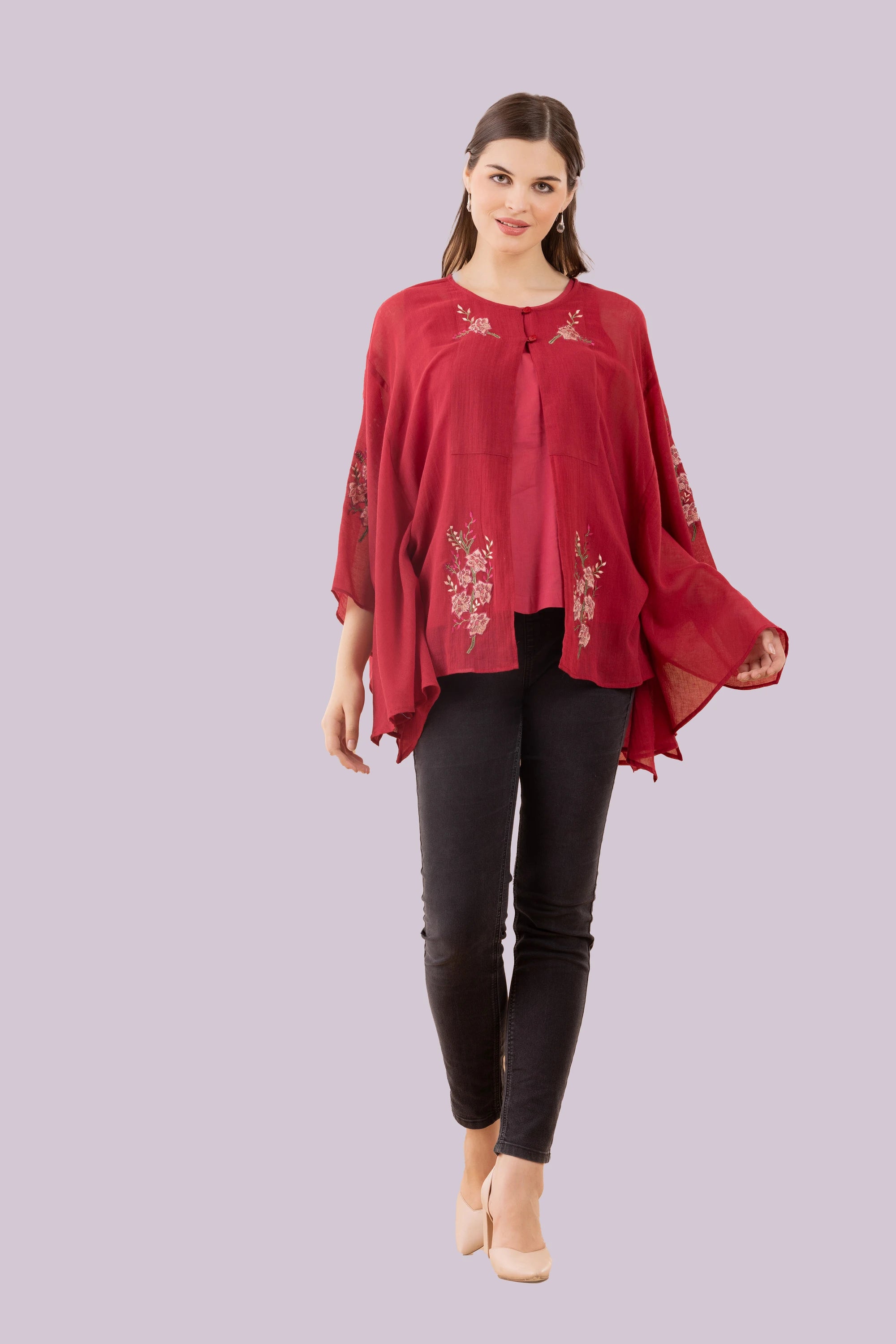 Orchid, Red Kimino Style Top Embroidered With Camisole